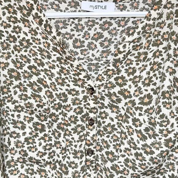 My Style Green Orange Floral Print Quarter Button Hi Low Top Womens L - Picture 3 of 5